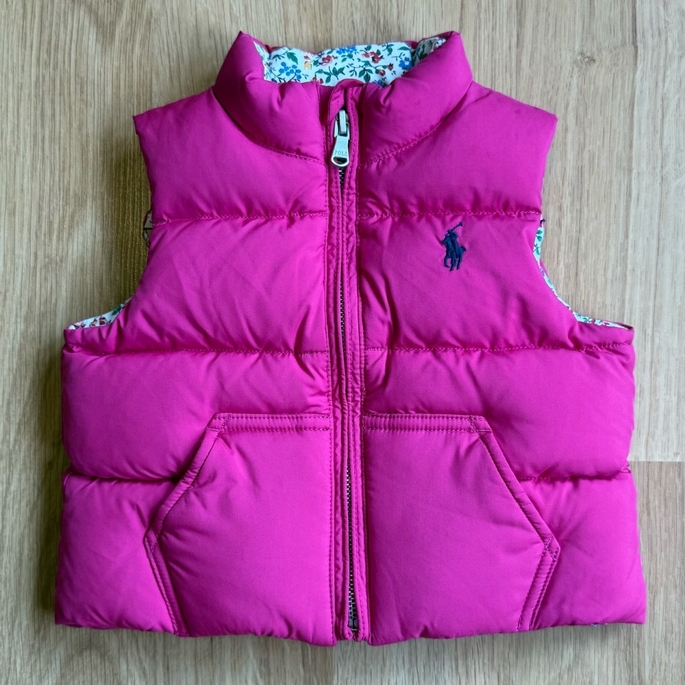 EUC Ralph Lauren Baby Girl Down Filled Puffer Vest-Pink + Colorful Floral Lining